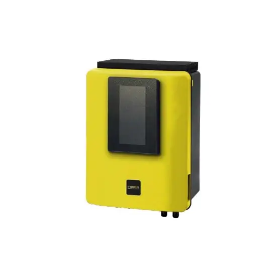 Ljusgul Albixon STATION klordosering-solomriktare med svart pekskärm och brilix station för att kontrollera badvattnet